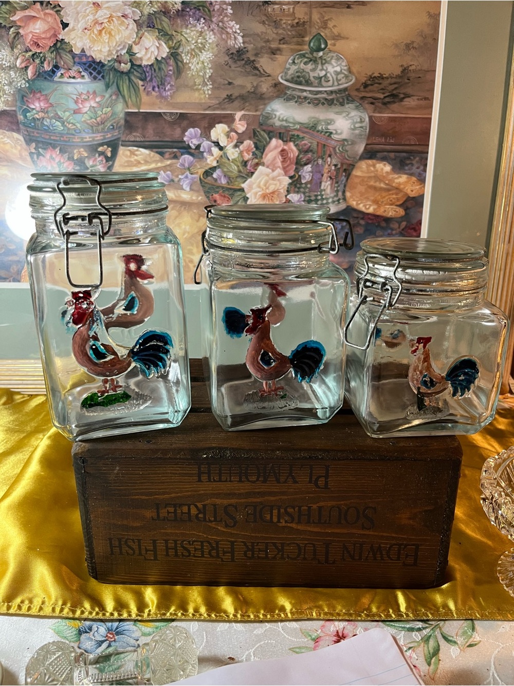 Hand-Painted Rooster Glass Canister Set - 3 Piece